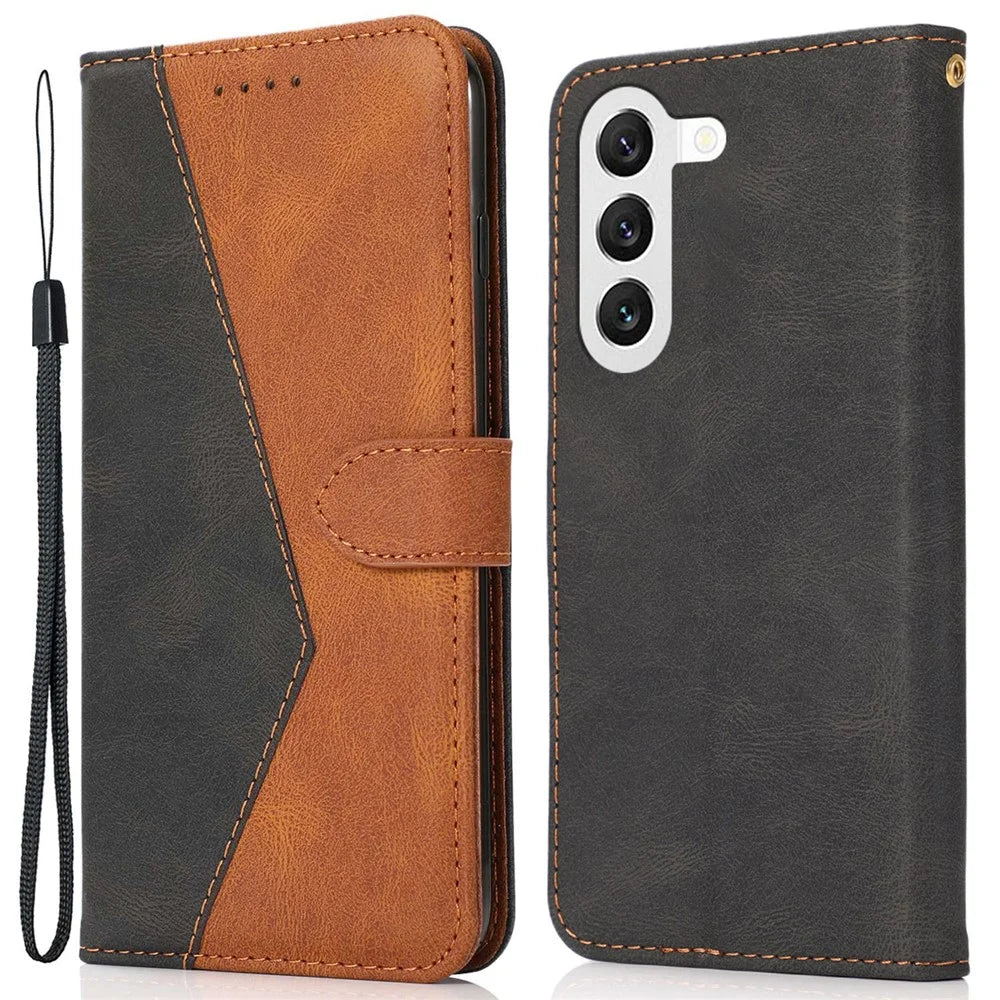 For Samsung Galaxy S25+ Cover Color Splicing Wallet Stand Leather Phone Case with Wrist Strap - Black Brown - 1
