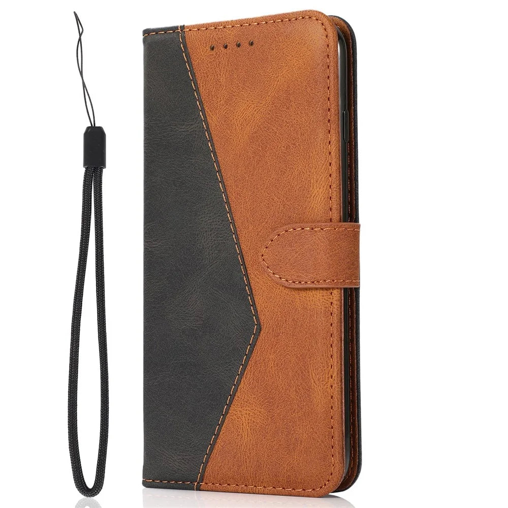 For Samsung Galaxy S25+ Cover Color Splicing Wallet Stand Leather Phone Case with Wrist Strap - Black Brown - 4