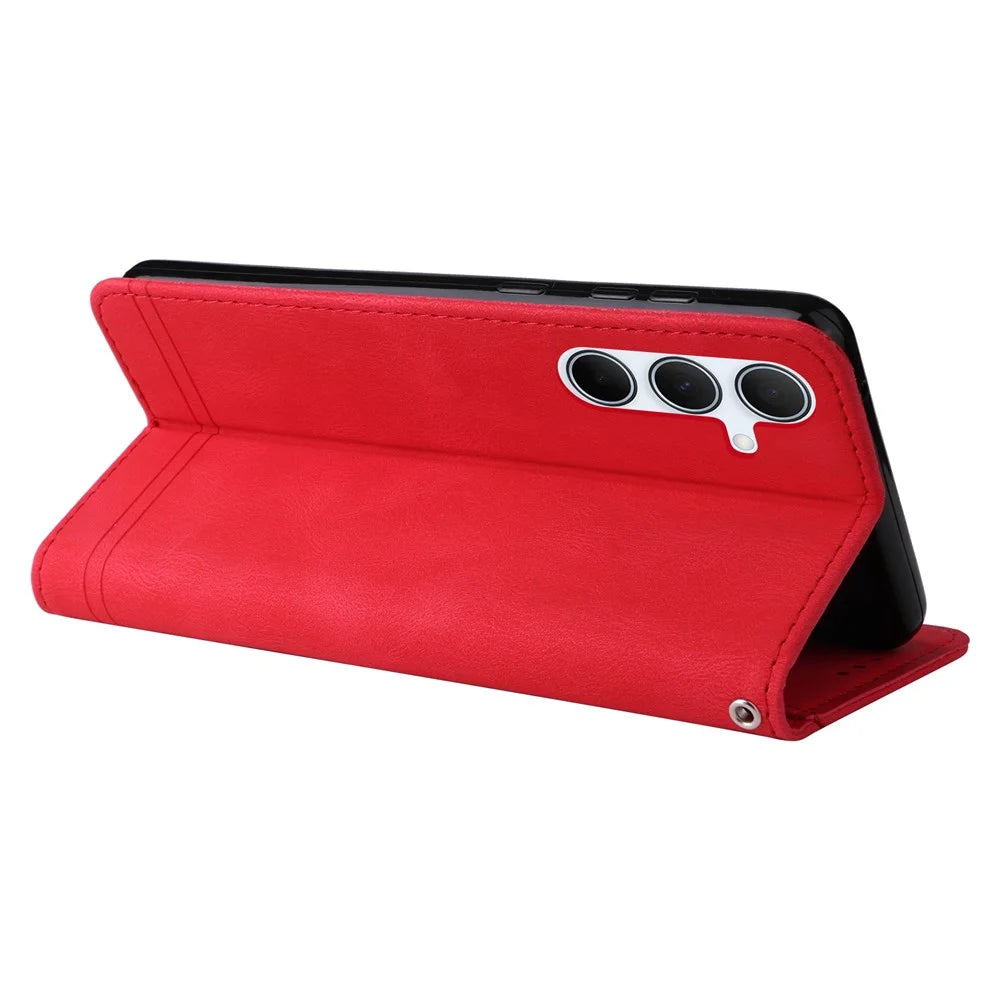 For Samsung Galaxy A56 5G Leather Wallet Cases Skin Touch Phone Cover Stand with Strap - Red - 4