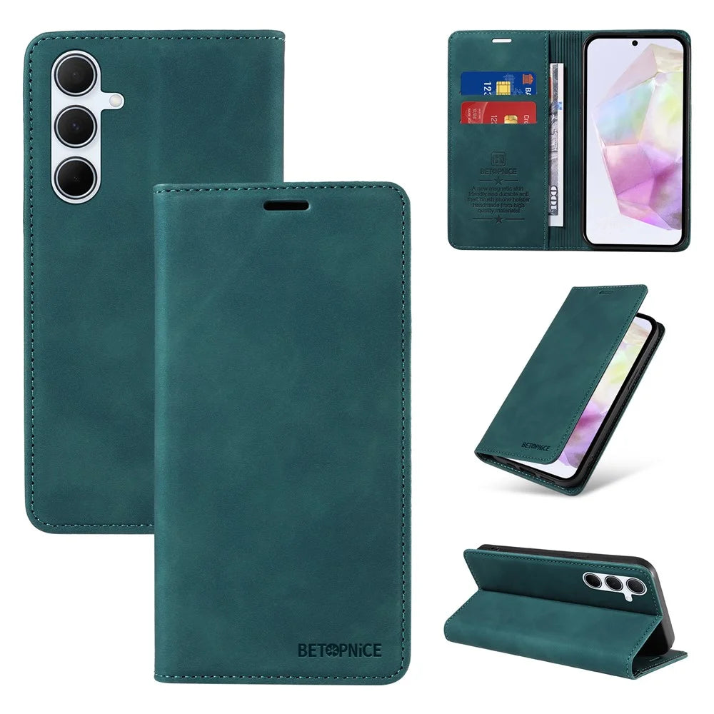 BETOPNICE 003 For Samsung Galaxy A56 5G Wallet Case Leather Phone Cover with Stand - Green - 6