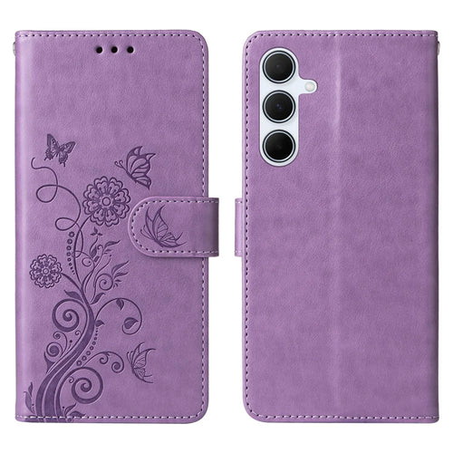 For Samsung Galaxy A56 5G / A36 5G Leather Case Butterfly Floral Imprint Wallet Stand Cover - Purple - 1