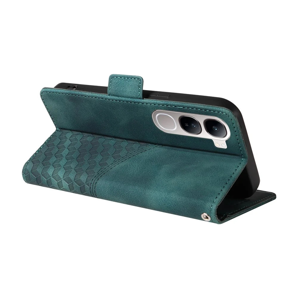 Leather Case for vivo Y300 5G / Y200 5G / V40 Lite (Indonesia) 5G / 4G Rhombus Starry Imprinted Phone Cover - Green - 4