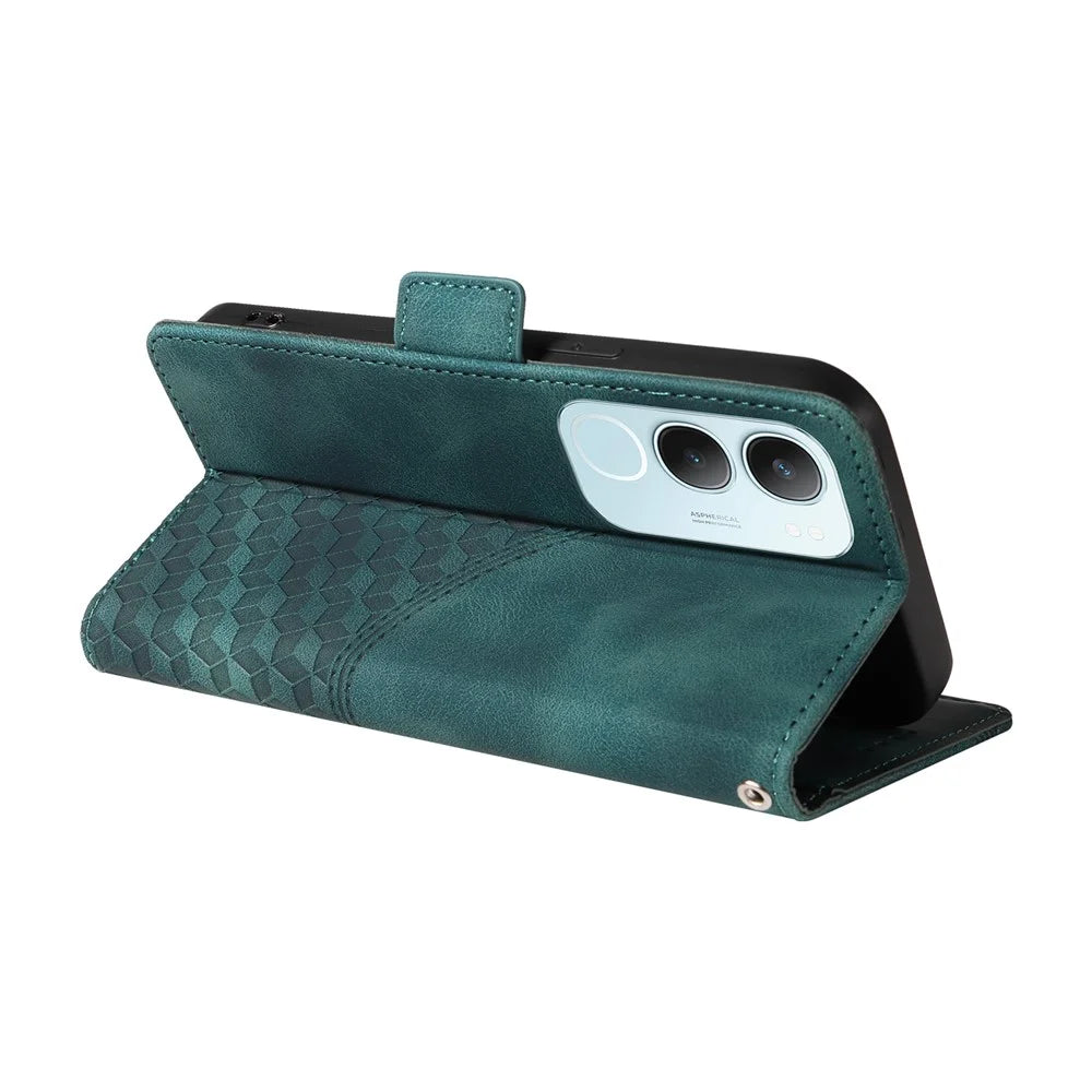 For vivo Y29 5G / Y19s 4G Case PU Leather Phone Cover Rhombus Starry Imprinted - Green - 4