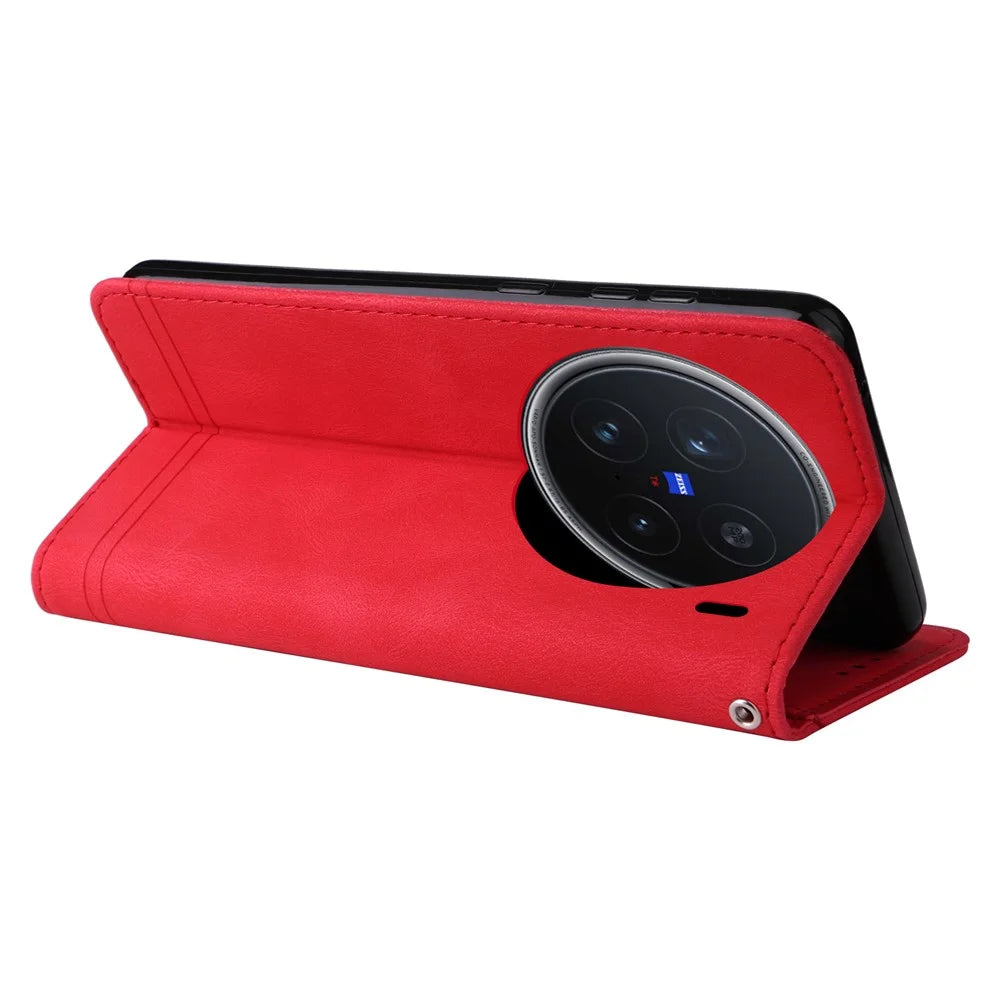 For vivo X200 Pro 5G Leather Wallet Cases Skin Touch Phone Cover Stand with Strap - Red - 4
