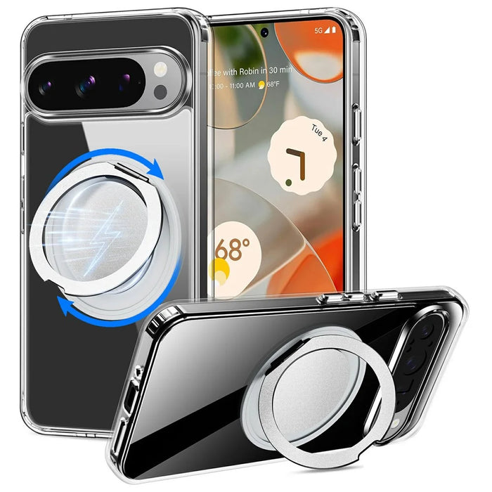 For Google Pixel 9 Pro / Pixel 9 Magnetic Case Rotary Kickstand TPU PC Clear Phone Back Cover - 1