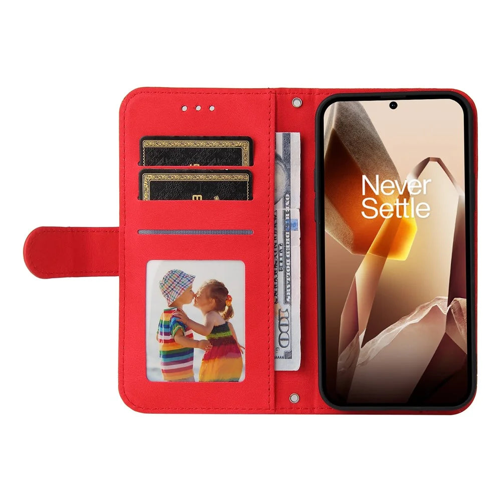 For OnePlus 13 Leather Wallet Cases Skin Touch Phone Cover Stand with Strap - Red - 2