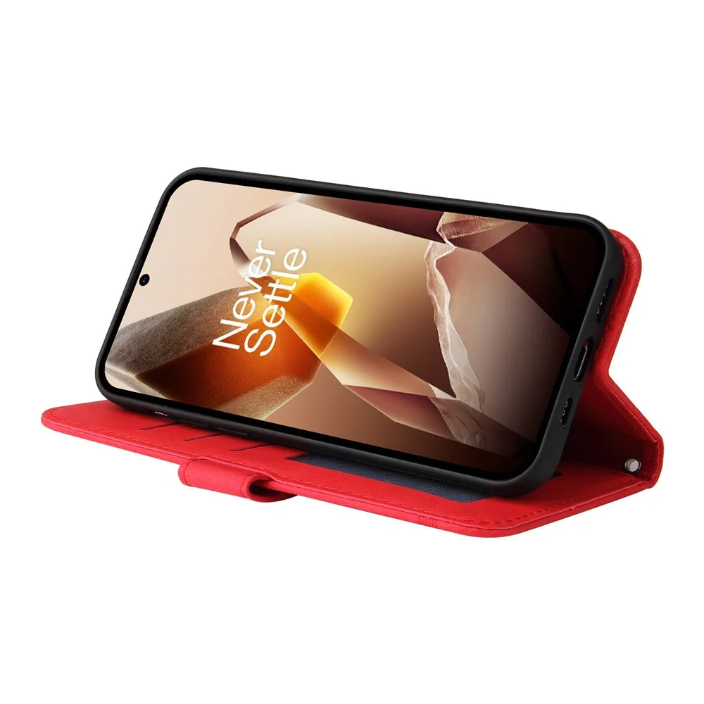 For OnePlus 13 Leather Wallet Cases Skin Touch Phone Cover Stand with Strap - Red - 3
