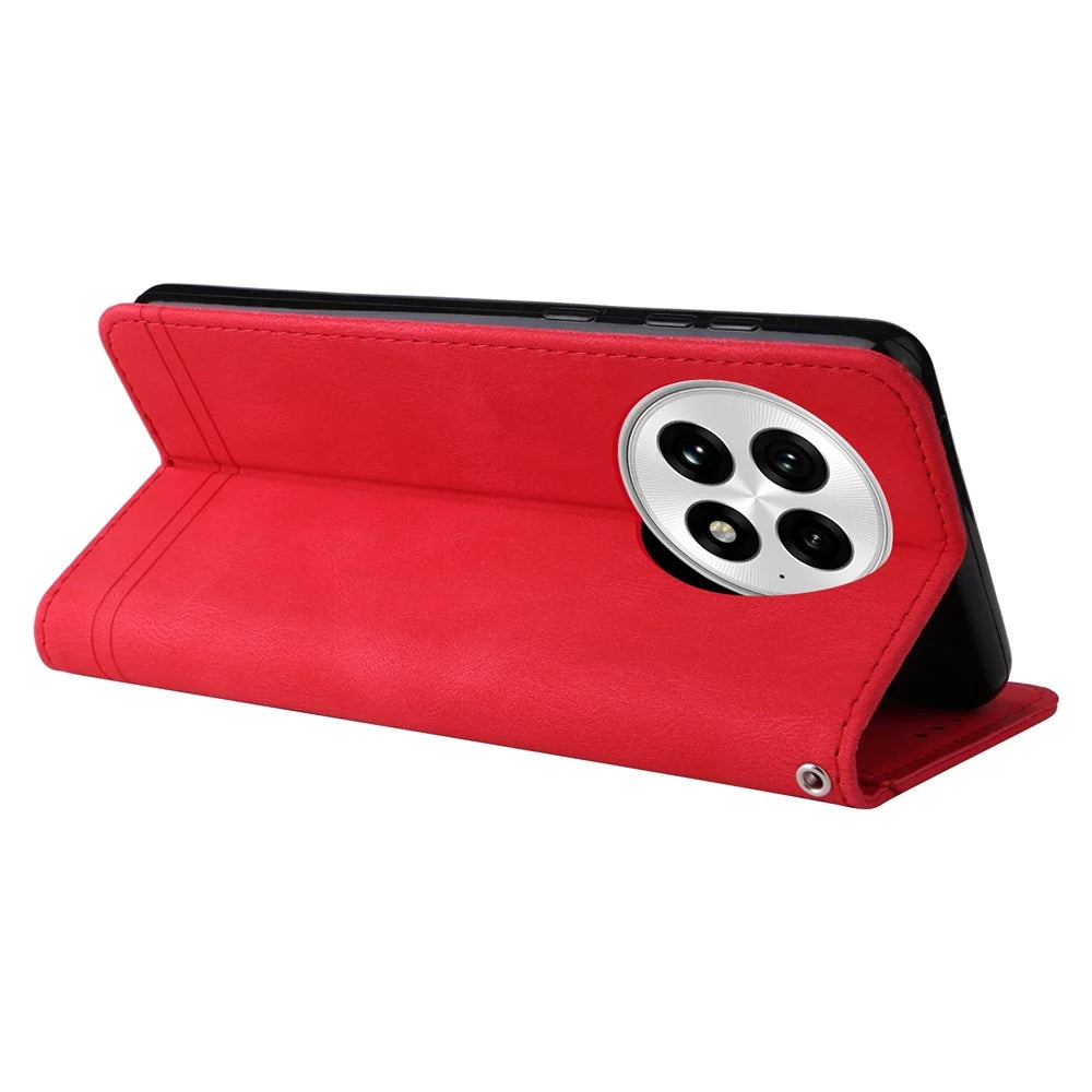 For OnePlus 13 Leather Wallet Cases Skin Touch Phone Cover Stand with Strap - Red - 4