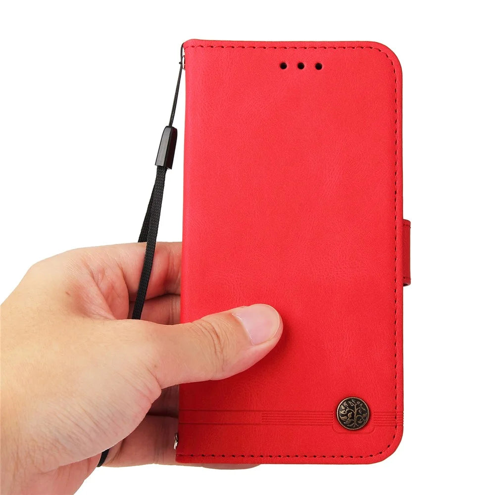 For OnePlus 13 Leather Wallet Cases Skin Touch Phone Cover Stand with Strap - Red - 5