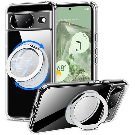 For Google Pixel 8 Magnetic Case Rotary Kickstand TPU PC Clear Phone Back Cover - 1