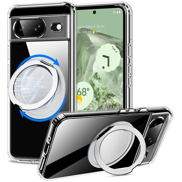 For Google Pixel 8 Magnetic Case Rotary Kickstand TPU PC Clear Phone Back Cover - 1