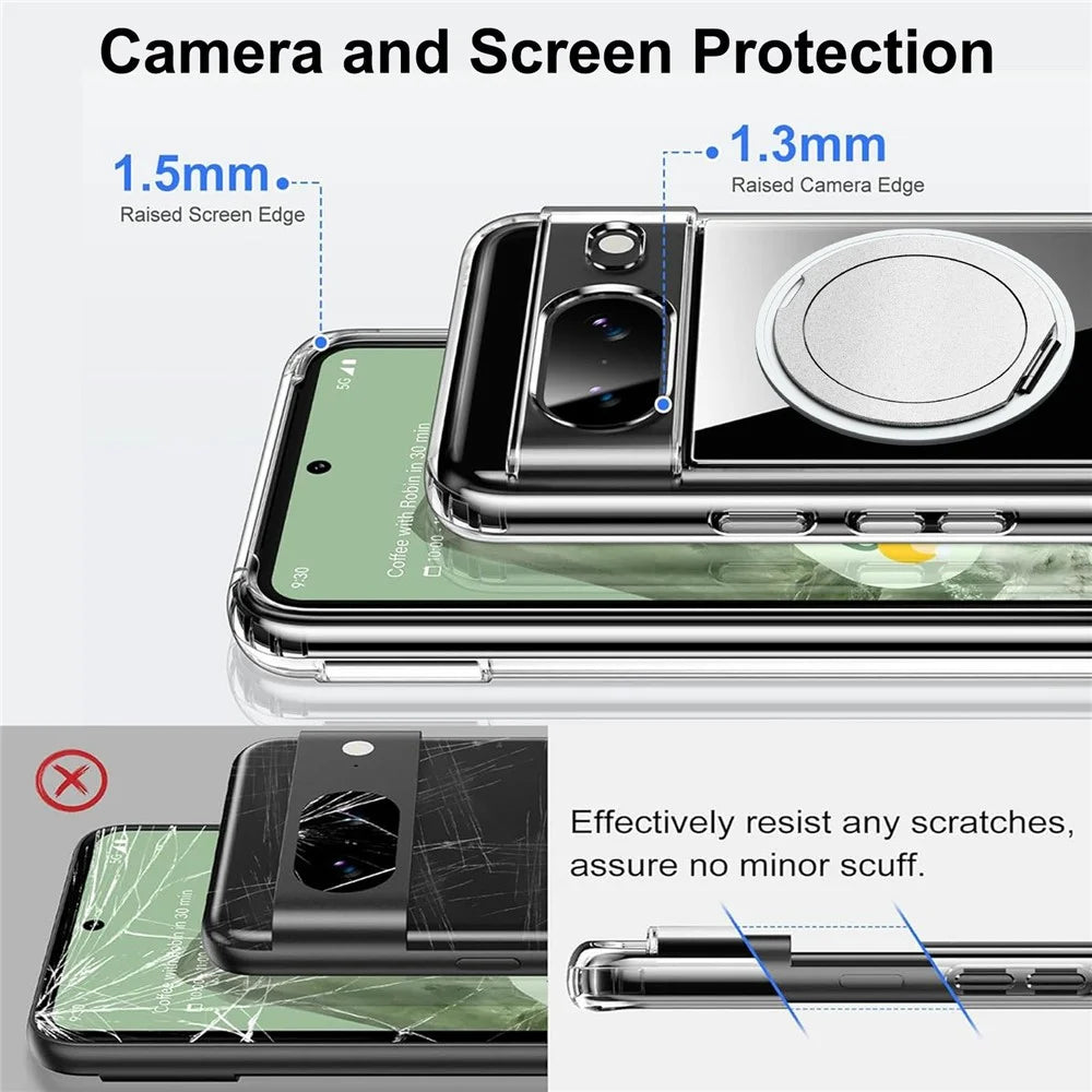 For Google Pixel 8 Magnetic Case Rotary Kickstand TPU PC Clear Phone Back Cover - 4