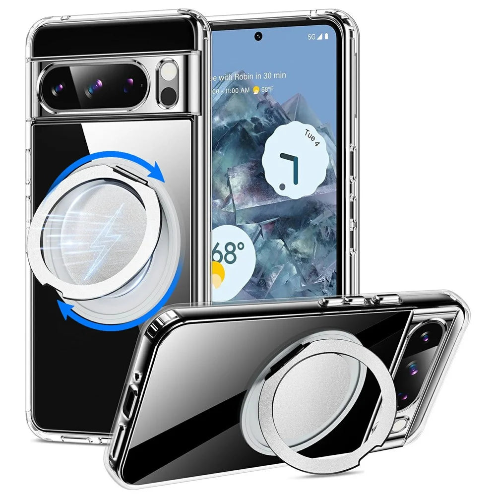 For Google Pixel 8 Pro Magnetic Case Rotary Kickstand TPU PC Clear Phone Back Cover - 1