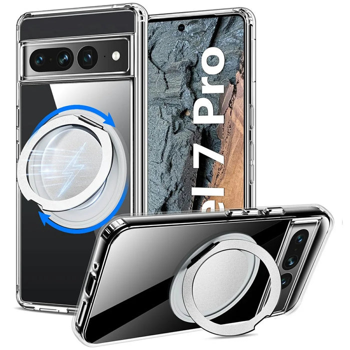 For Google Pixel 7 Pro 5G Magnetic Case Rotary Kickstand TPU PC Clear Phone Back Cover - 1