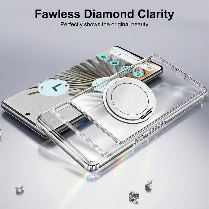 For Google Pixel 7 Pro 5G Magnetic Case Rotary Kickstand TPU PC Clear Phone Back Cover - 6