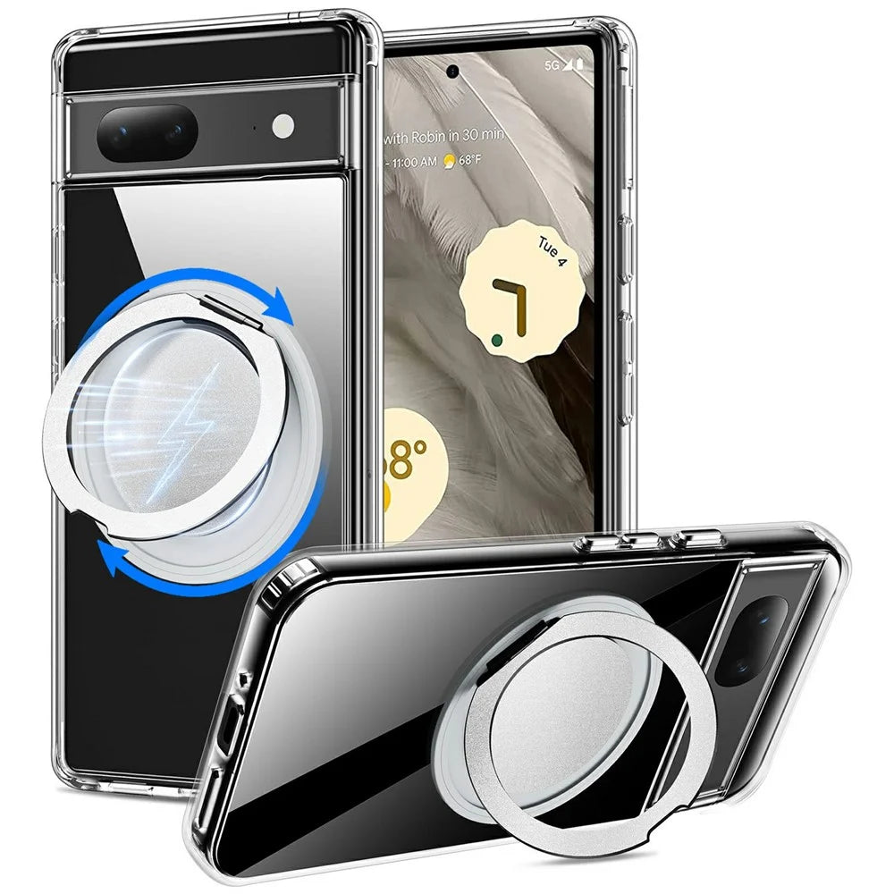 For Google Pixel 7 5G Magnetic Case Rotary Kickstand TPU PC Clear Phone Back Cover - 1