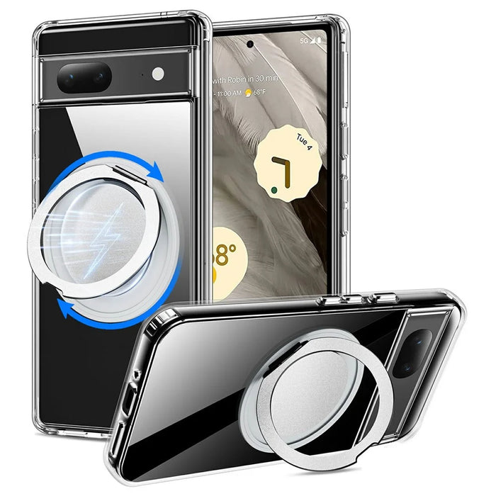 For Google Pixel 7a Magnetic Case Rotary Kickstand TPU PC Clear Phone Back Cover - 1