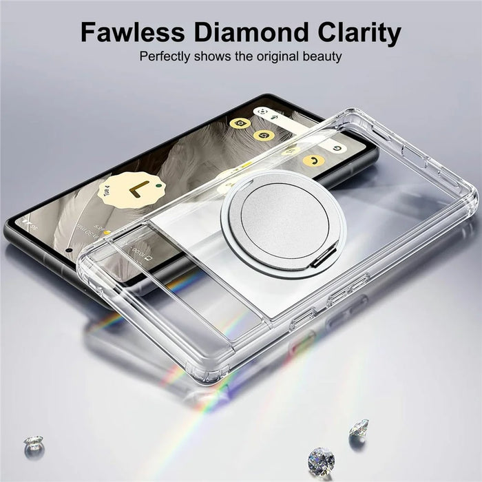 For Google Pixel 7a Magnetic Case Rotary Kickstand TPU PC Clear Phone Back Cover - 6