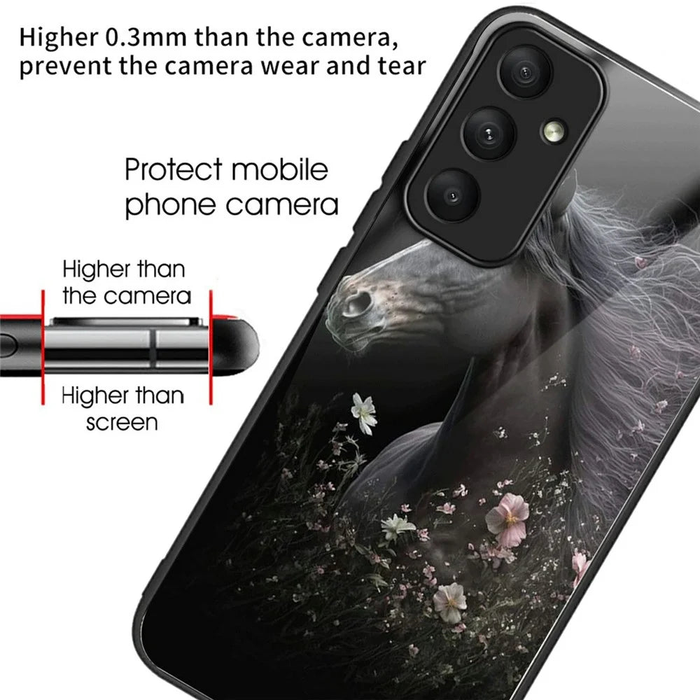For Samsung Galaxy A16 5G  /  4G Case Tempered Glass TPU Drop-Proof Phone Cover Pattern Printing - Horse and Flower - 2