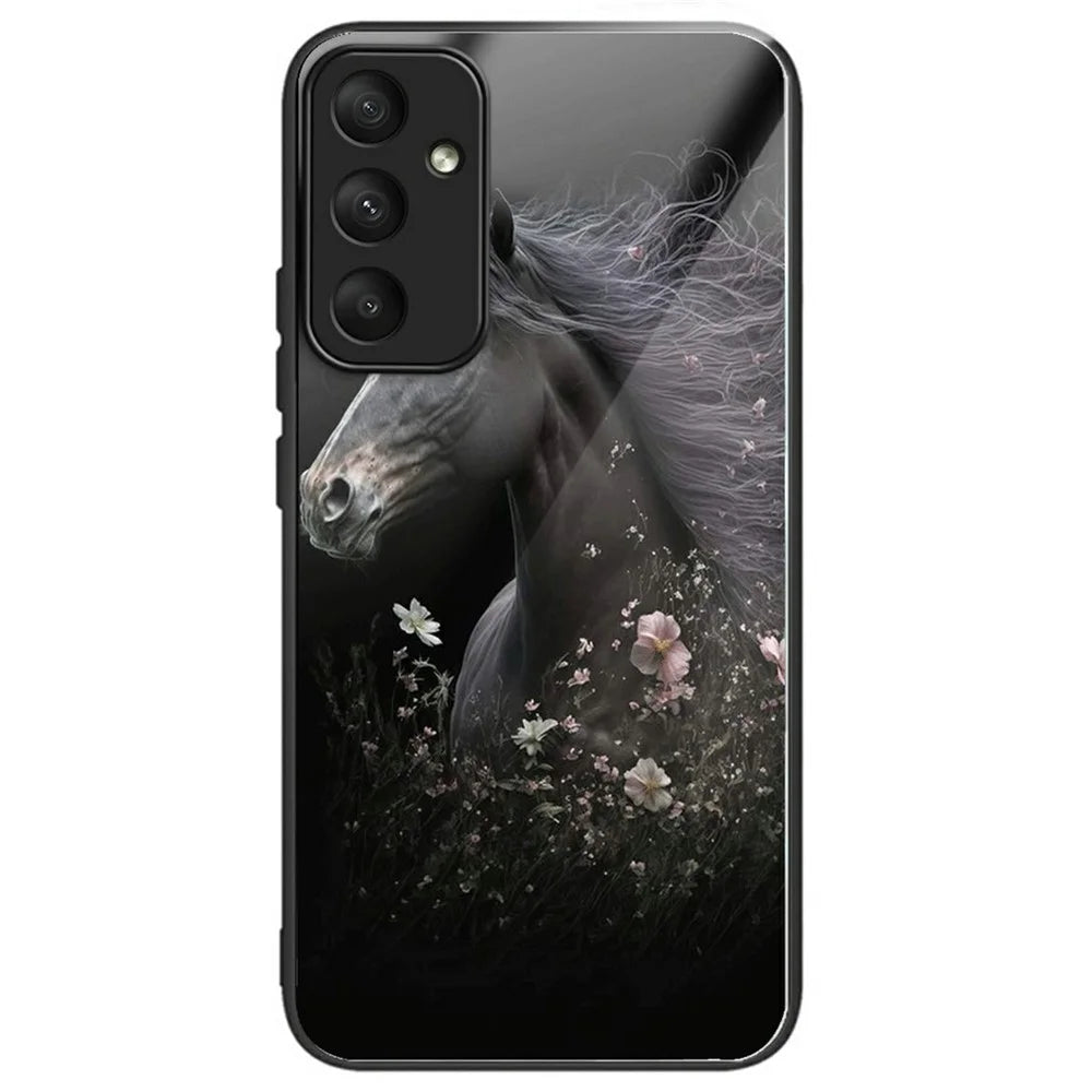 For Samsung Galaxy S24 FE Case Tempered Glass TPU Drop-Proof Phone Cover Pattern Printing - Horse and Flower - 1