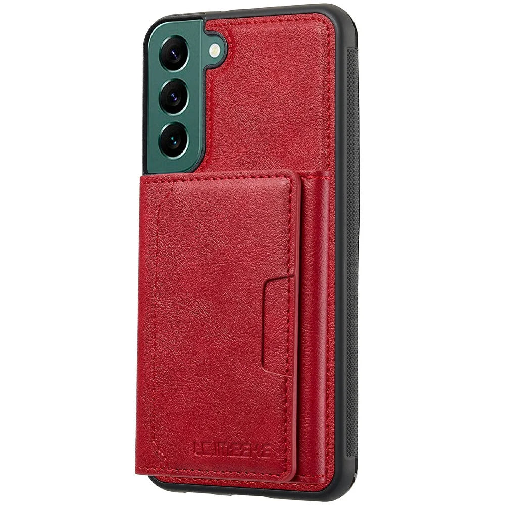 LC.IMEEKE L5 For Samsung	Galaxy S22+ 5G Magnetic Phone Case Leather Back Cover with Detachable Card Holder - Red - 2