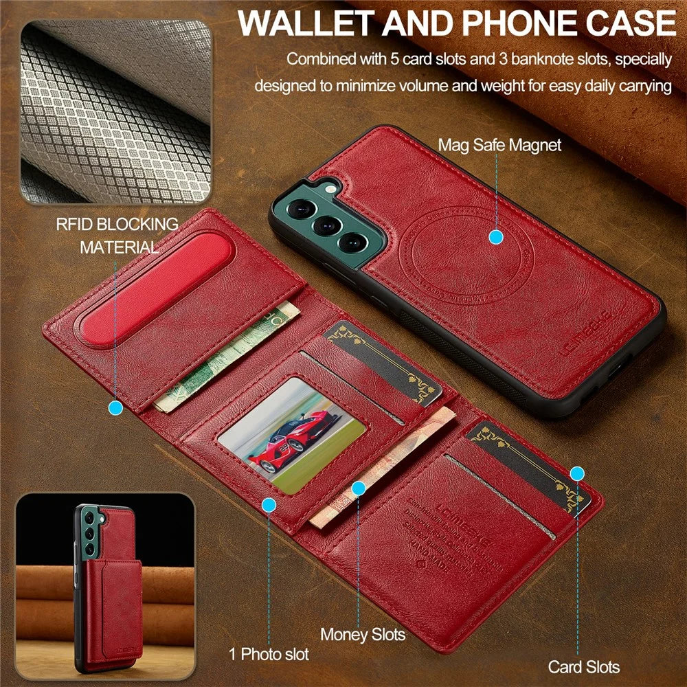 LC.IMEEKE L5 For Samsung	Galaxy S22+ 5G Magnetic Phone Case Leather Back Cover with Detachable Card Holder - Red - 4