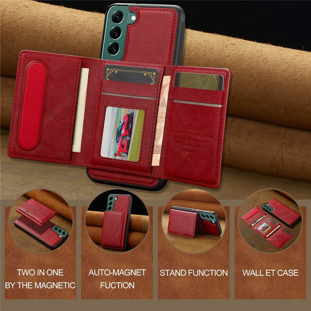 LC.IMEEKE L5 For Samsung	Galaxy S22+ 5G Magnetic Phone Case Leather Back Cover with Detachable Card Holder - Red - 7
