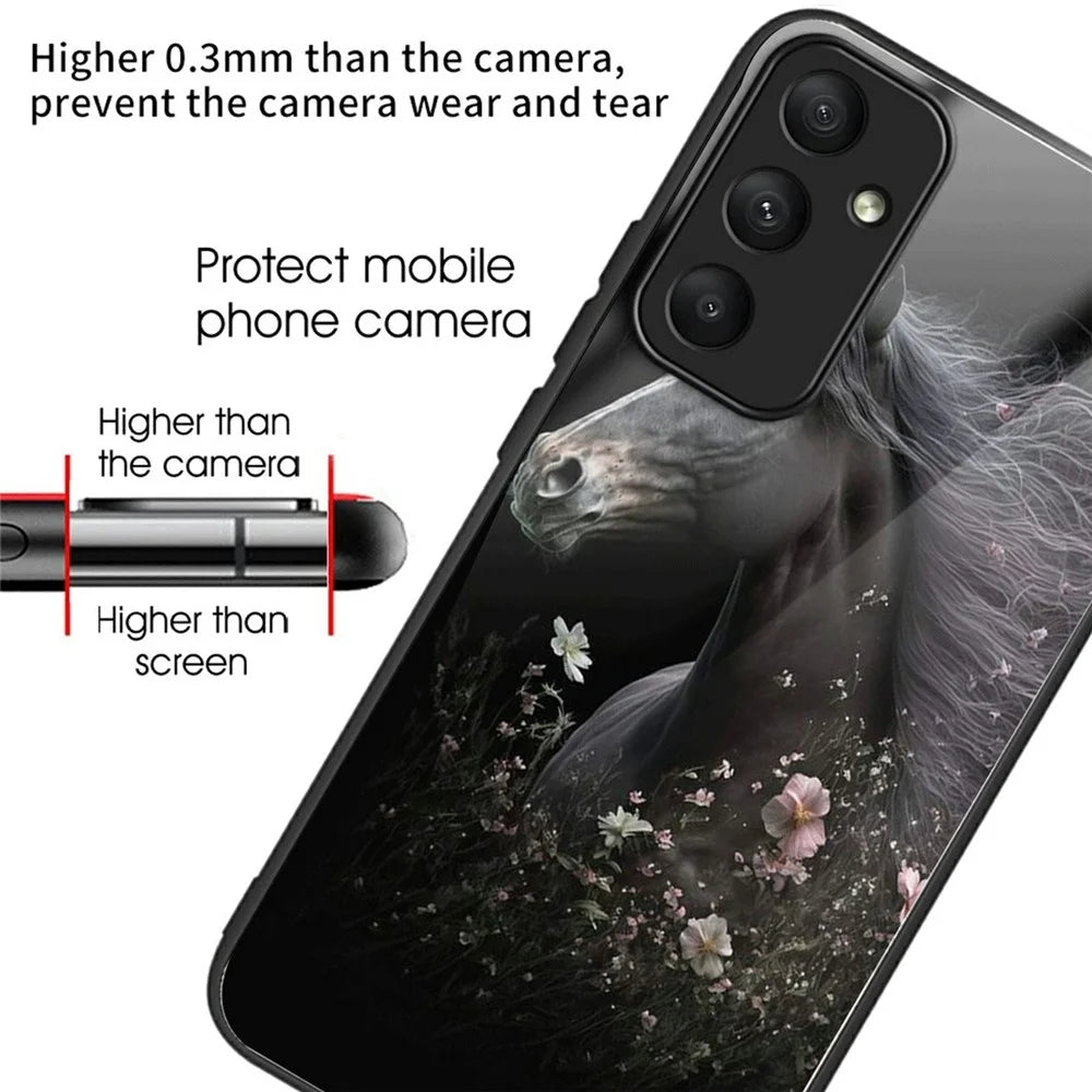 For Samsung Galaxy S25 Case Tempered Glass TPU Drop-Proof Phone Cover Pattern Printing - Horse and Flower - 2