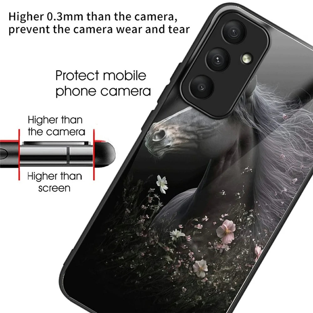 For Samsung Galaxy S25+ Case Tempered Glass TPU Drop-Proof Phone Cover Pattern Printing - Horse and Flower - 2