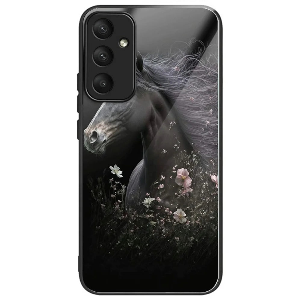 For Samsung Galaxy A18 5G / A18 4G / A17 5G / A17 4G / A26 5G Case Tempered Glass TPU Drop-Proof Phone Cover Pattern Printing - Horse and Flower - 1