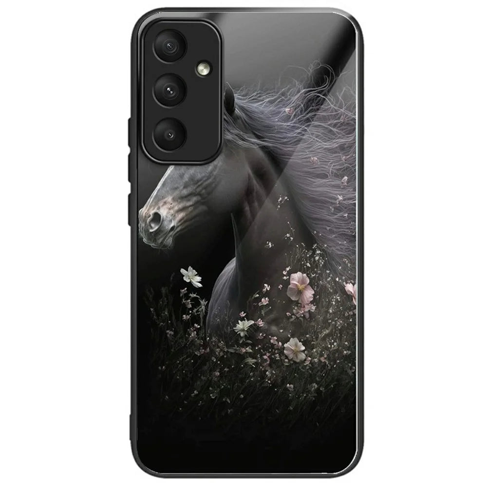 For Samsung Galaxy A36 5G Case Tempered Glass TPU Drop-Proof Phone Cover Pattern Printing - Horse and Flower - 1