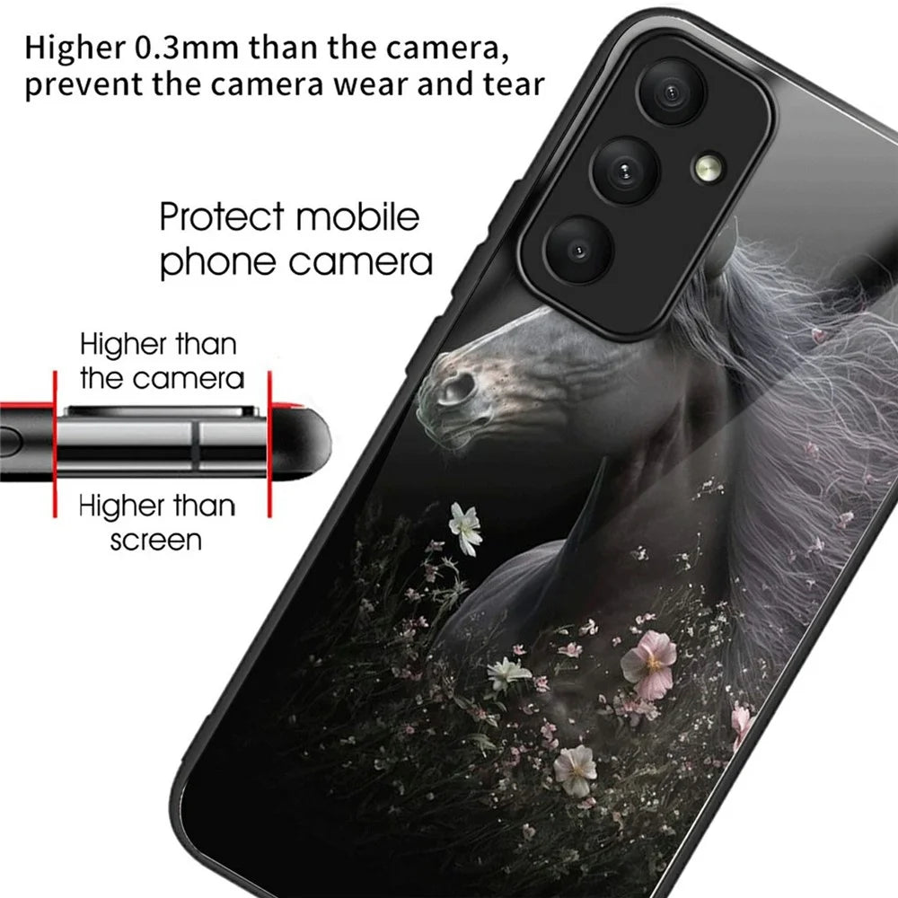 For Samsung Galaxy A36 5G Case Tempered Glass TPU Drop-Proof Phone Cover Pattern Printing - Horse and Flower - 2