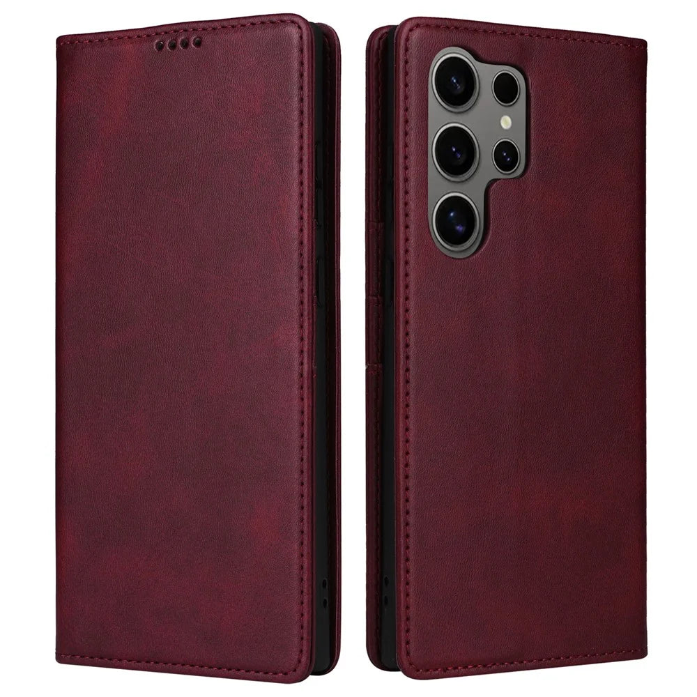 For Samsung Galaxy S25 Ultra Case RFID Blocking PU Leather Phone Wallet Cover - Wine Red - 1