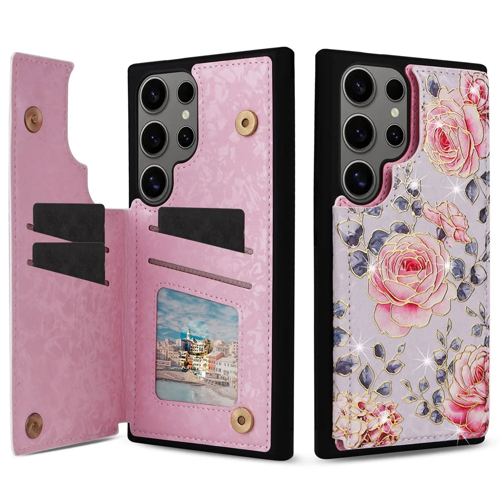 For Samsung Galaxy S25 Ultra Case Flower Leather TPU RFID Blocking Phone Cover Card Slots - Rose - 1