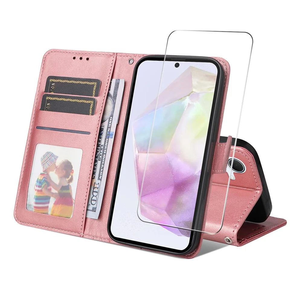 ENKAY For Samsung Galaxy A56 5G / Galaxy A36 5G PU Leather Wallet Case  HAT PRINCE Phone Stand Cover with Tempered Glass - Pink - 1