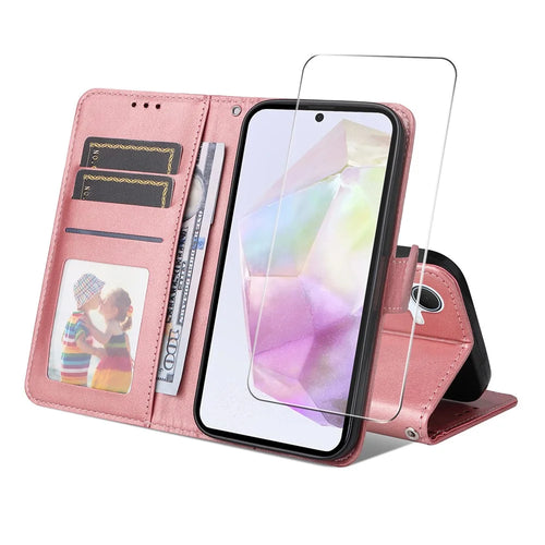 ENKAY For Samsung Galaxy A56 5G / Galaxy A36 5G PU Leather Wallet Case  HAT PRINCE Phone Stand Cover with Tempered Glass - Pink - 1