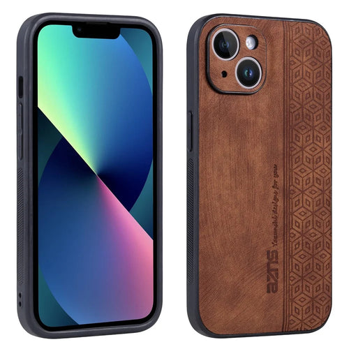 AZNS For iPhone 13 6.1 inch Dustproof Cell Phone Case Imprinted Pattern PU Leather+TPU Phone Cover - Brown - 1