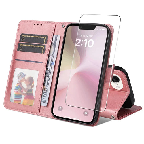ENKAY For iPhone 17e / 16e PU Leather Wallet Case  HAT PRINCE Phone Stand Cover with Tempered Glass - Pink - 1
