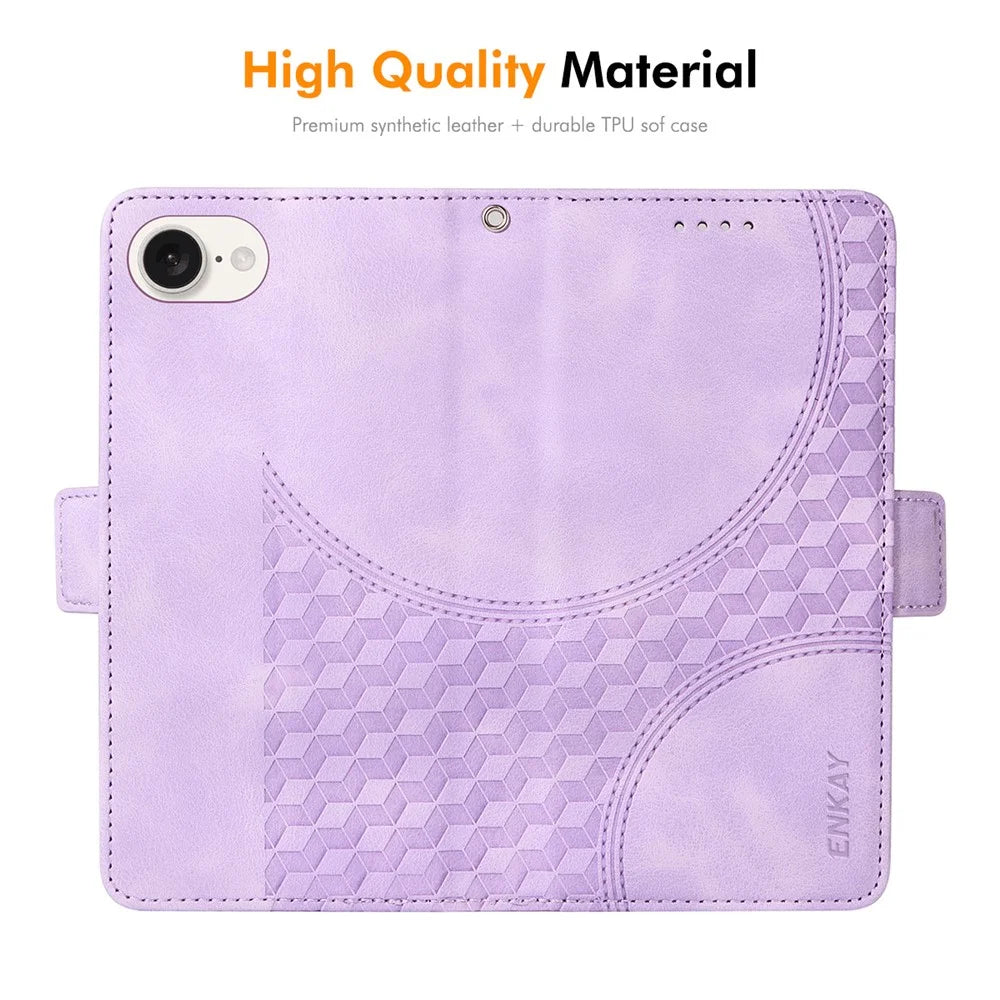 ENKAY For iPhone 17e / 16e Wallet Case  Imprint PU Leather Phone Stand Cover with Tempered Glass - Black - 4