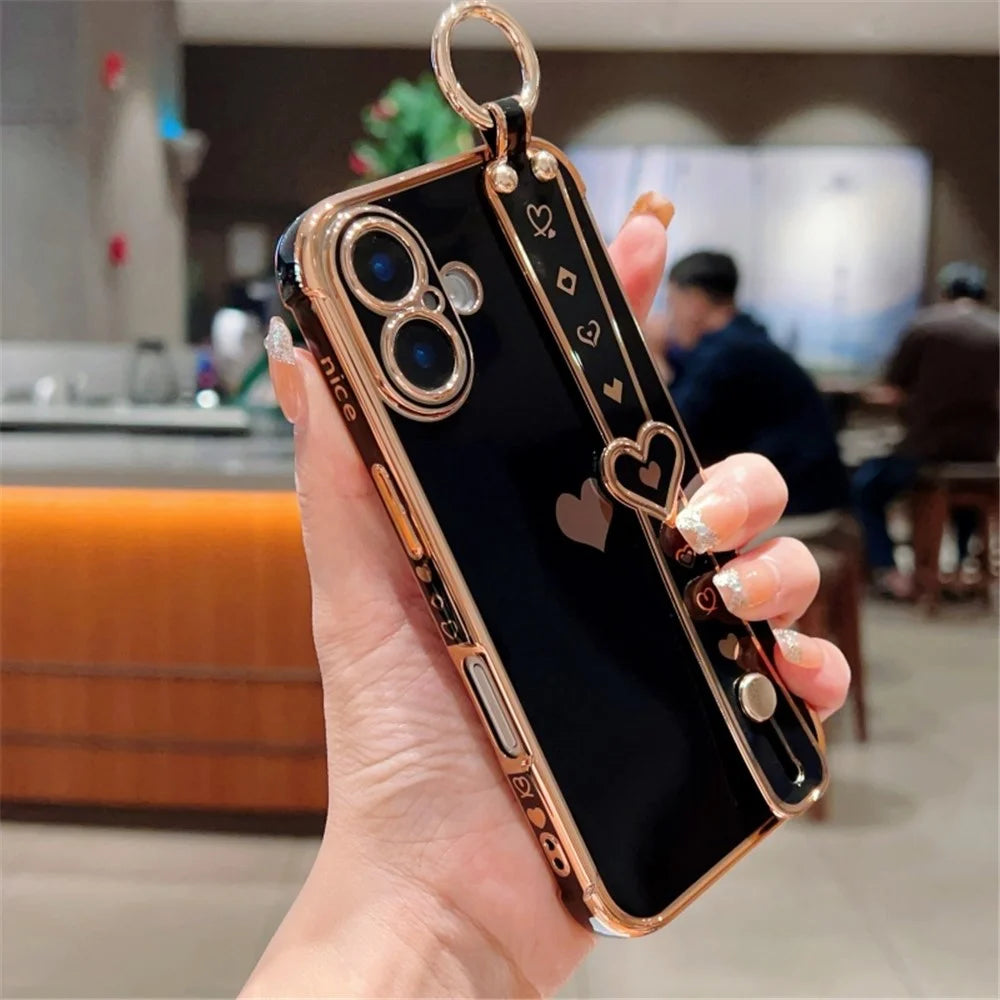 For iPhone 16 Case Wristband Kickstand Love Heart TPU Phone Cover Finger Holder - Black - 2