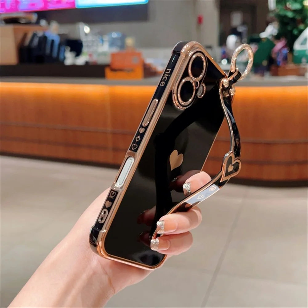 For iPhone 16 Case Wristband Kickstand Love Heart TPU Phone Cover Finger Holder - Black - 3