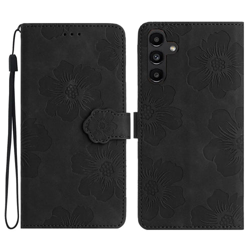 For Samsung Galaxy A36 5G Case Flower Design Leather Wallet Phone Cover with Wrist Strap - Black - 1