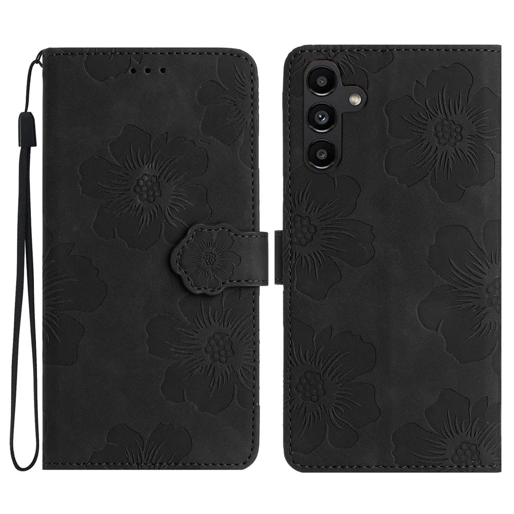 For Samsung Galaxy A36 5G Case Flower Design Leather Wallet Phone Cover with Wrist Strap - Black - 1