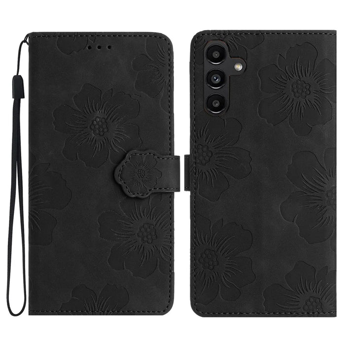 For Samsung Galaxy A36 5G Case Flower Design Leather Wallet Phone Cover with Wrist Strap - Black - 1
