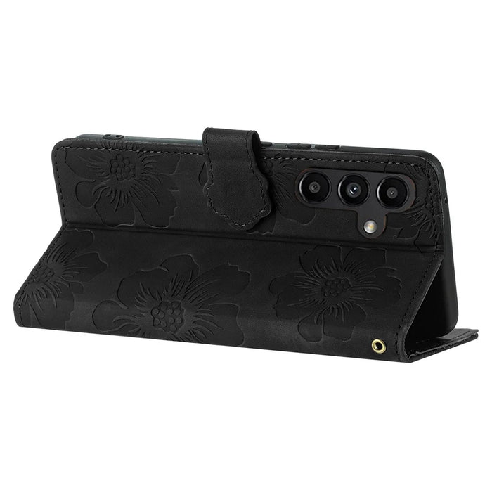 For Samsung Galaxy A36 5G Case Flower Design Leather Wallet Phone Cover with Wrist Strap - Black - 3
