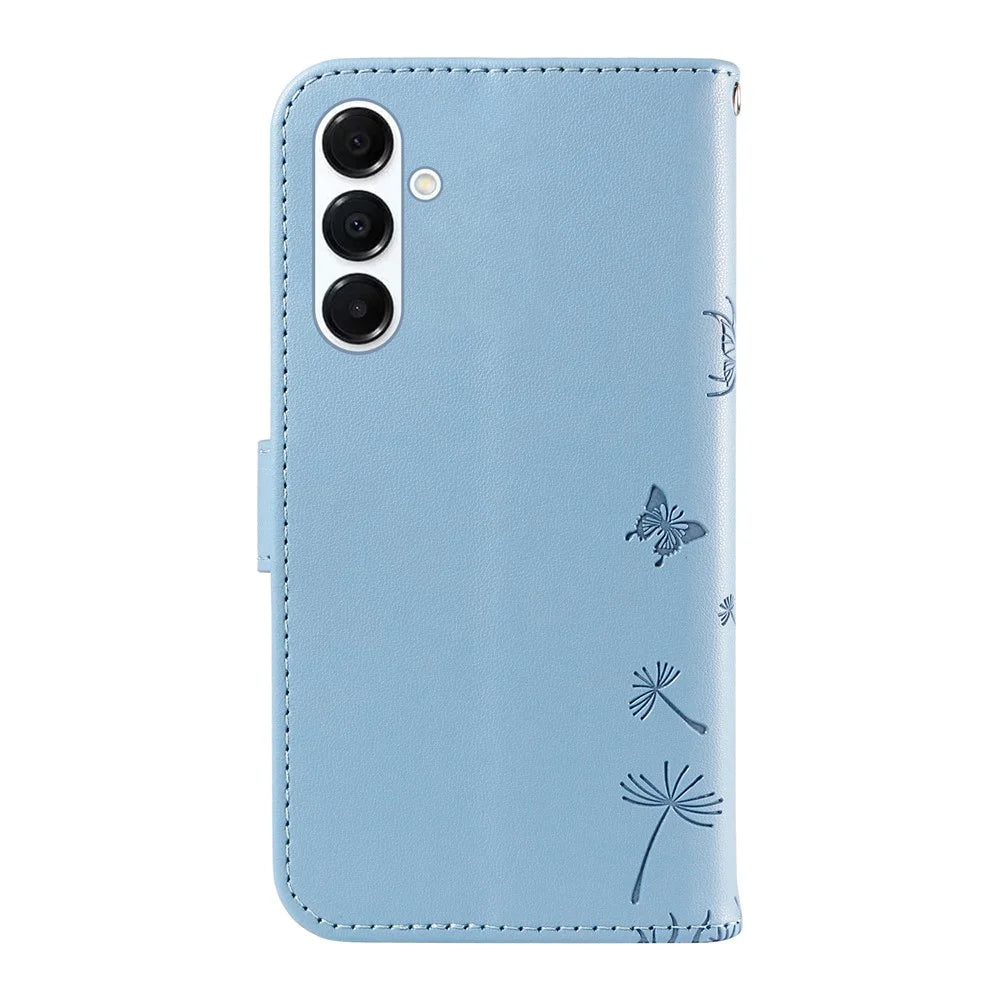 For Samsung Galaxy A18 5G / A17 5G / A17 4G / A26 5G / A16 5G / A16 4G Leather Case Wallet Phone Cover Dandelion Imprint - Sky Blue - 7