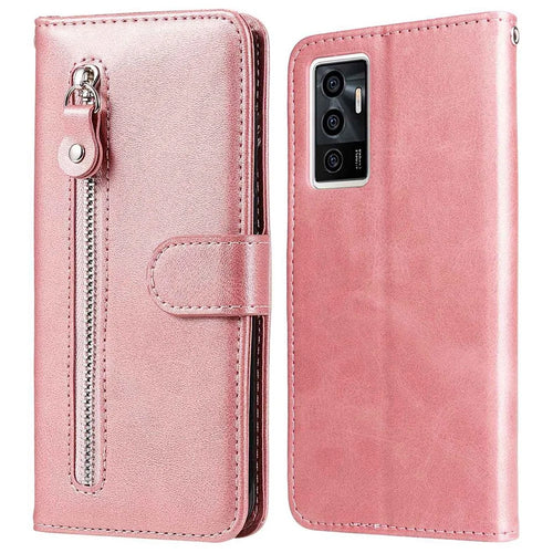 For vivo Y75 4G / vivo V23e 5G / 4G Magnetic Clasp Textured Leather Case Wallet Stand Zipper Pocket Phone Cover - Rose Gold - 1