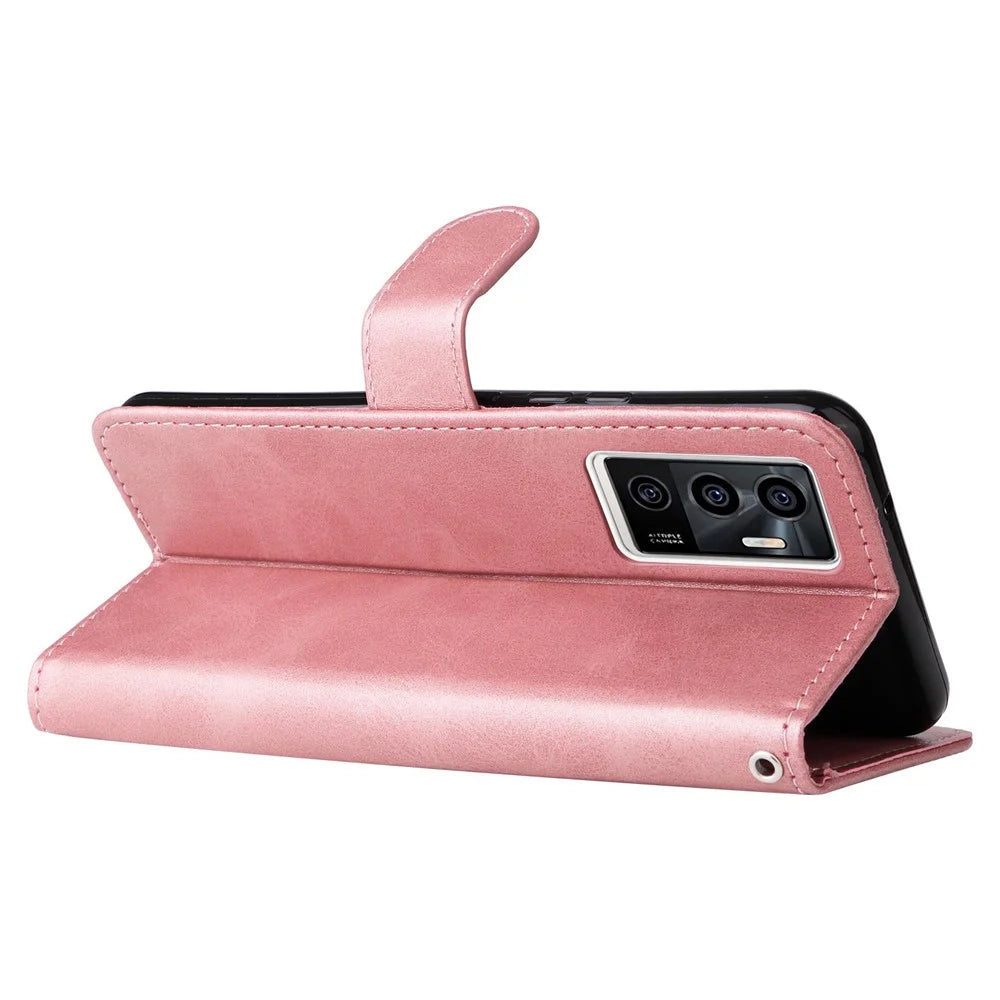 For vivo Y75 4G / vivo V23e 5G / 4G Magnetic Clasp Textured Leather Case Wallet Stand Zipper Pocket Phone Cover - Rose Gold - 3