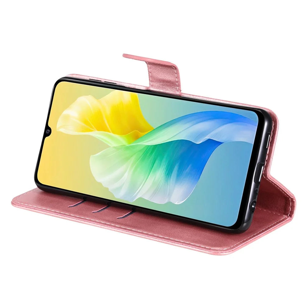 For vivo Y75 4G / vivo V23e 5G / 4G Magnetic Clasp Textured Leather Case Wallet Stand Zipper Pocket Phone Cover - Rose Gold - 4