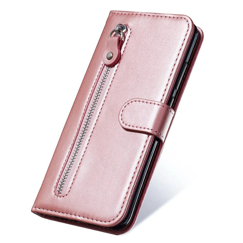 For vivo Y75 4G / vivo V23e 5G / 4G Magnetic Clasp Textured Leather Case Wallet Stand Zipper Pocket Phone Cover - Rose Gold - 5